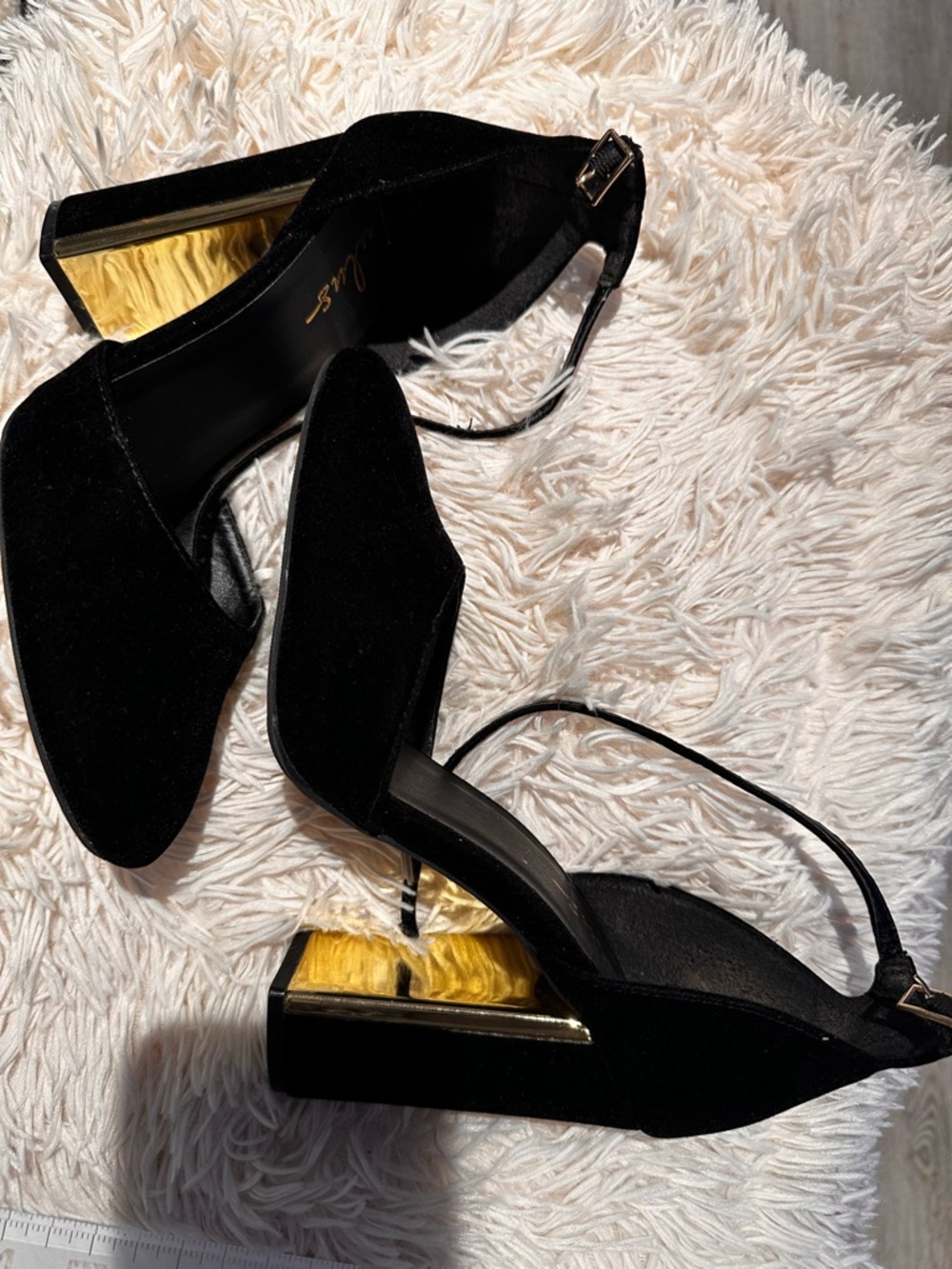 Lulu's Black Suede Ankle-Strap Block Heel Pumps with Gold Accent
